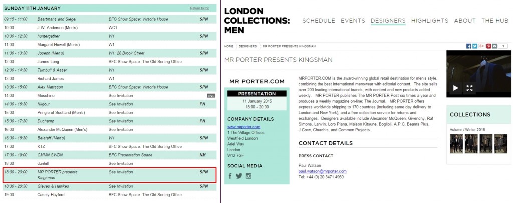 올해 런던컬렉션 시간표의 일부. 킹스맨 쇼는 1월11일 저녁 6시에 있었다. (빨간 네모 친 부분) 오른쪽은 킹스맨 쇼의 상세 내용 소개. 