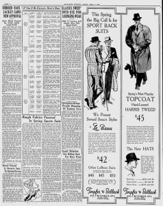 1935년 4월4일자 밀워키저널센티넬의 지면. 오른쪽 옷 광고 그림에 인디아나 존스 박사의 재킷과 비슷한 디테일이 보인다. 기사는 글씨가 작아 잘 안 보이지만, 클라크 게이블 덕에 올 봄에 세로주름 재킷이 유행한다는 내용이다. 