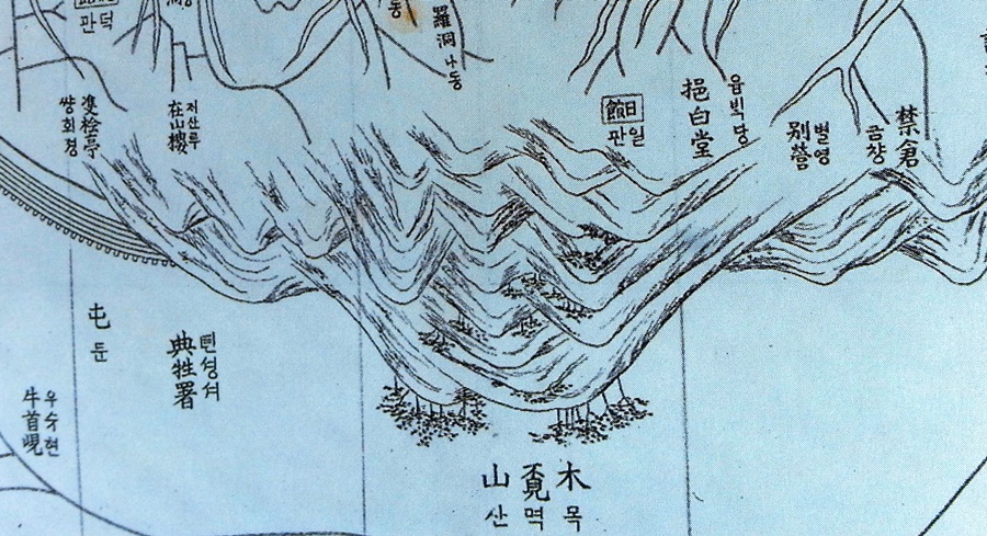 ‘한양도’(1902, 영남대박물관 소장)에 표기된 쌍회정과 재산루. 
