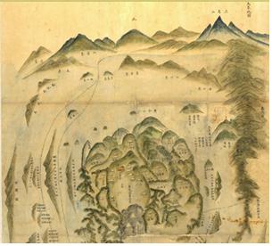 오른쪽 위의 모서리에 삼각산이 뚜렷하게 표현된 대부지도. 서울대 규장각 소장본.