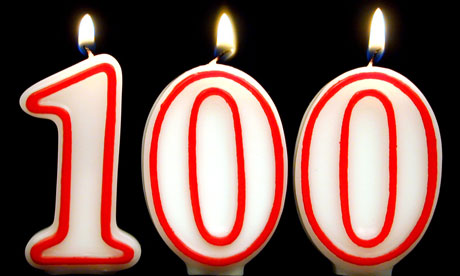 Centenarian birthday candles spell out '100'